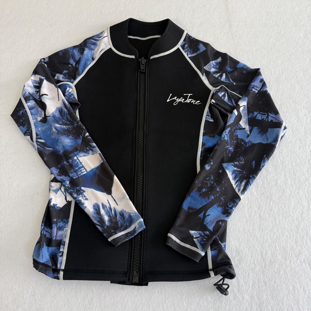 LayaTone Wetsuit Jacket Womens Medium Black Blue Tropical Palm Print Full Zip